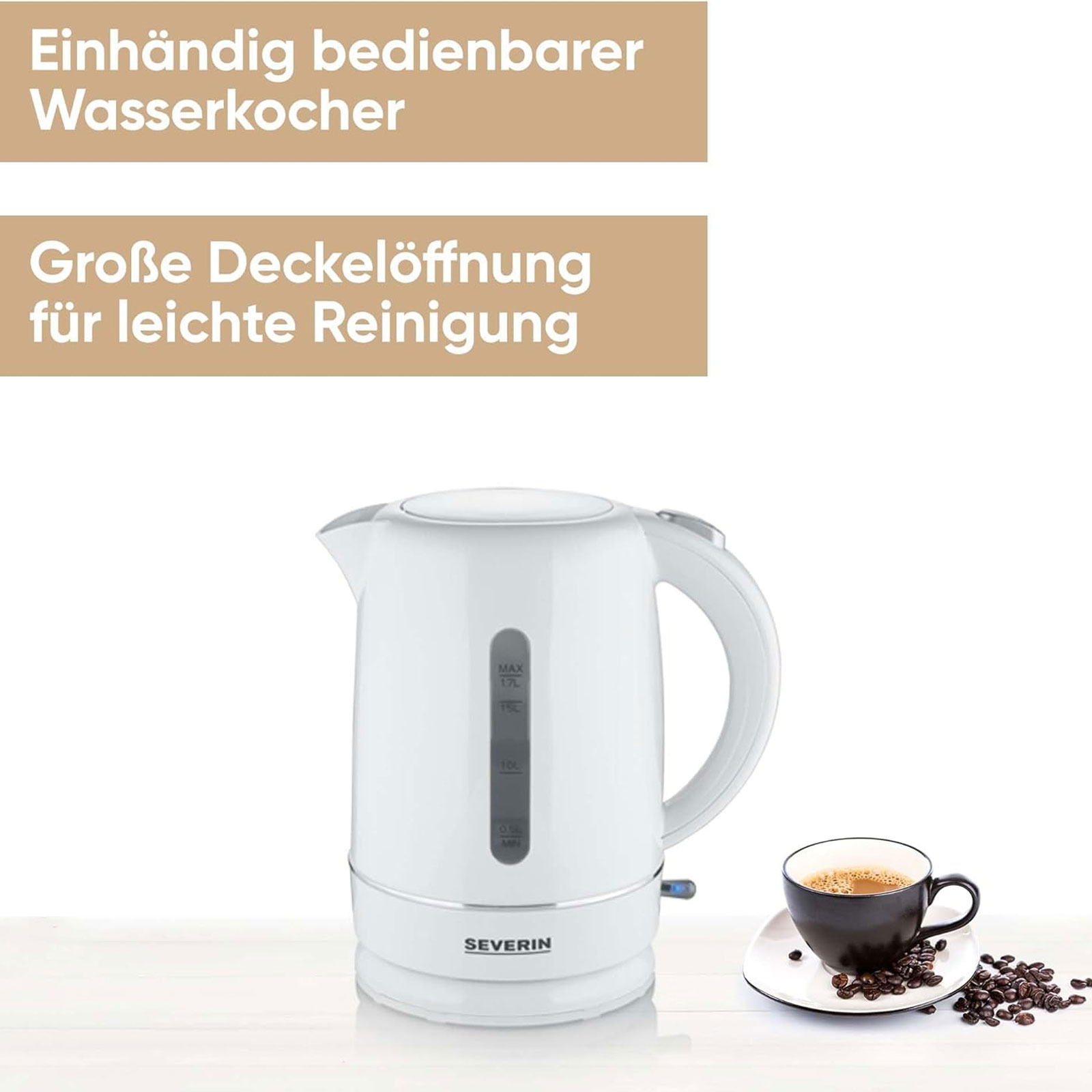 Severin WK 4325 Wasserkocher (1,7 Liter, 2200 W, Kunststoff, weiß, kabellos, Kontrollleuchte)