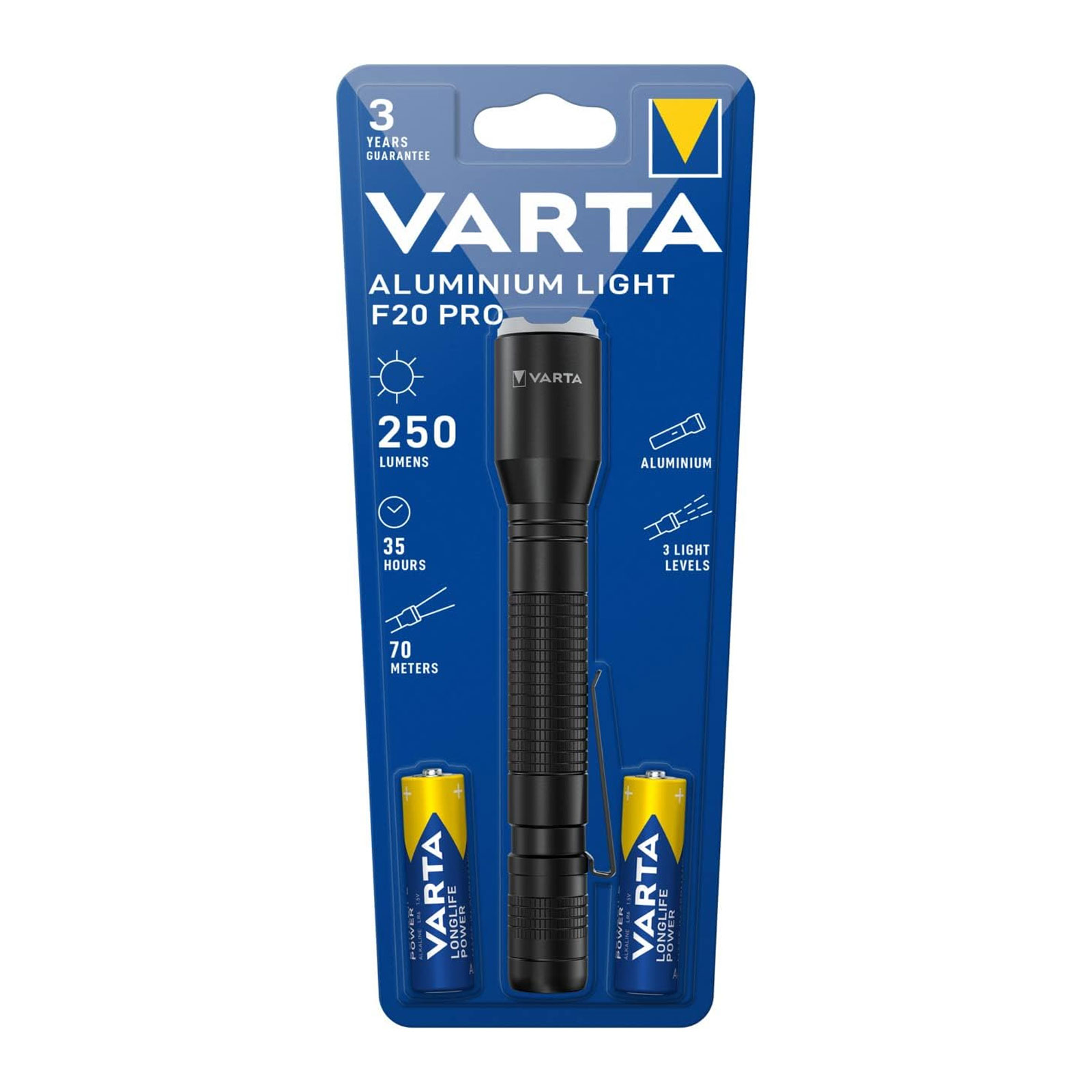 VARTA Aluminium Light F20 Pro Taschenlampe (stoßfest, LED, 2 x Longlife Power AA)