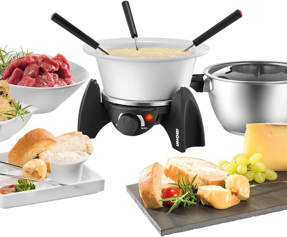 Unold 48615 Elektro Fondue Set mit Edelstahl und Keramik Topf (Fleisch/Käse/Schoko)