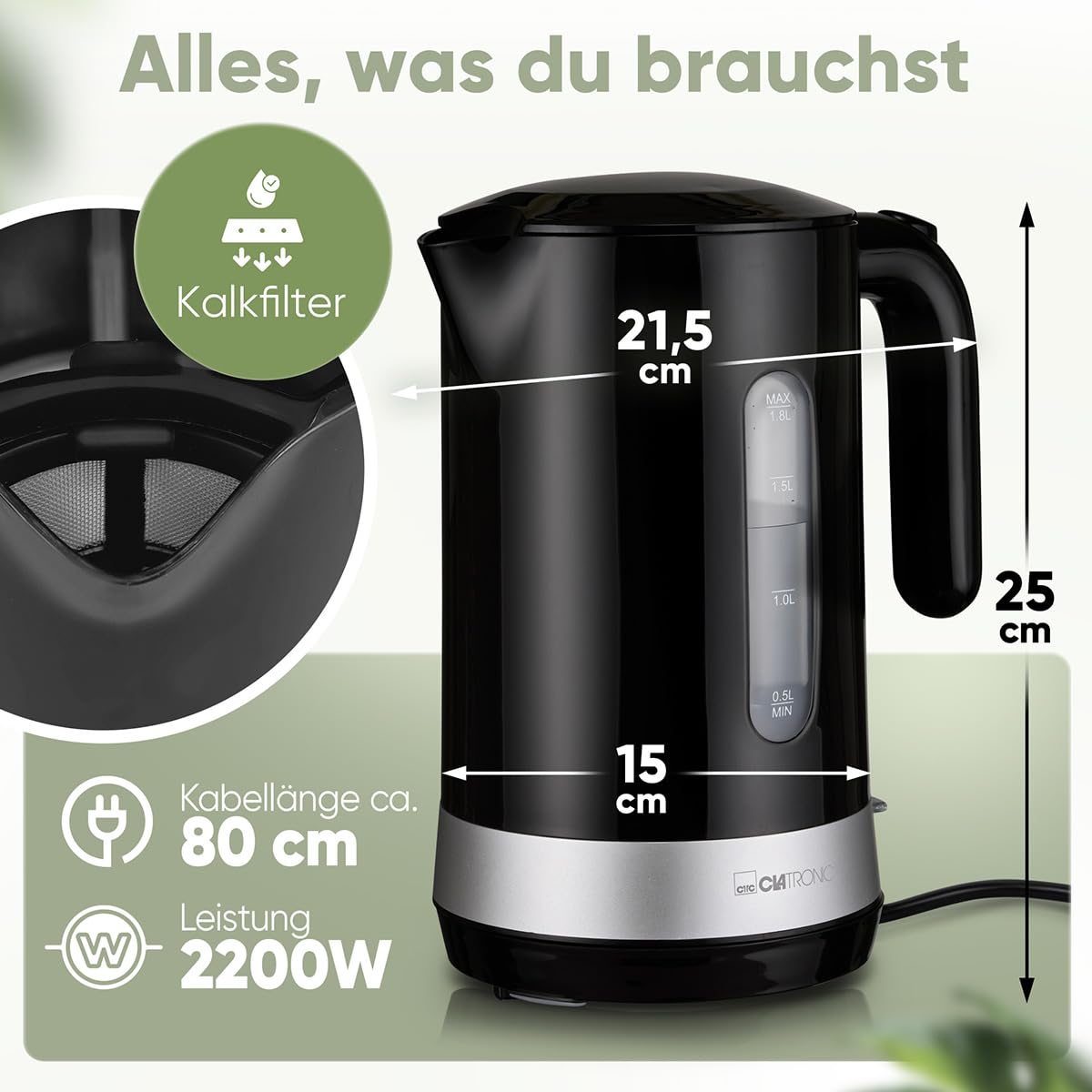 CLATRONIC WK 3840 Wasserkocher (1,8 Liter, 2200 W)