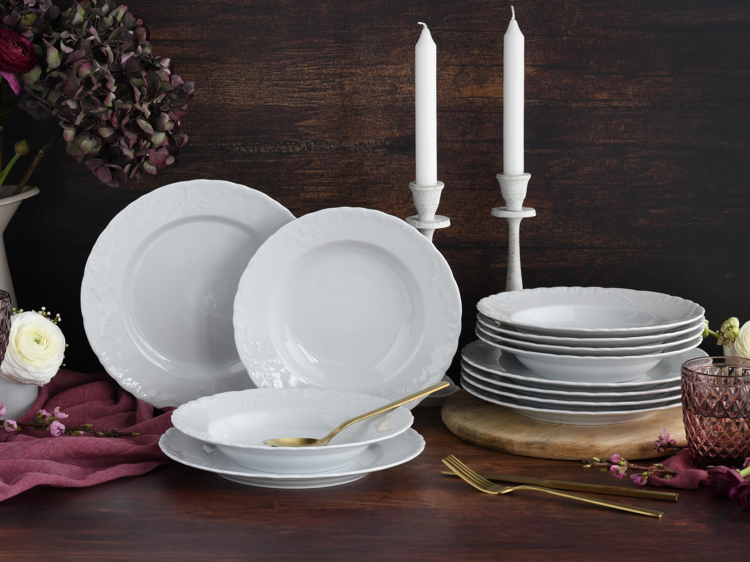 CreaTable, 12619, Serie Rokoko Weiss, 12-teiliges Geschirrset für 6 Personen