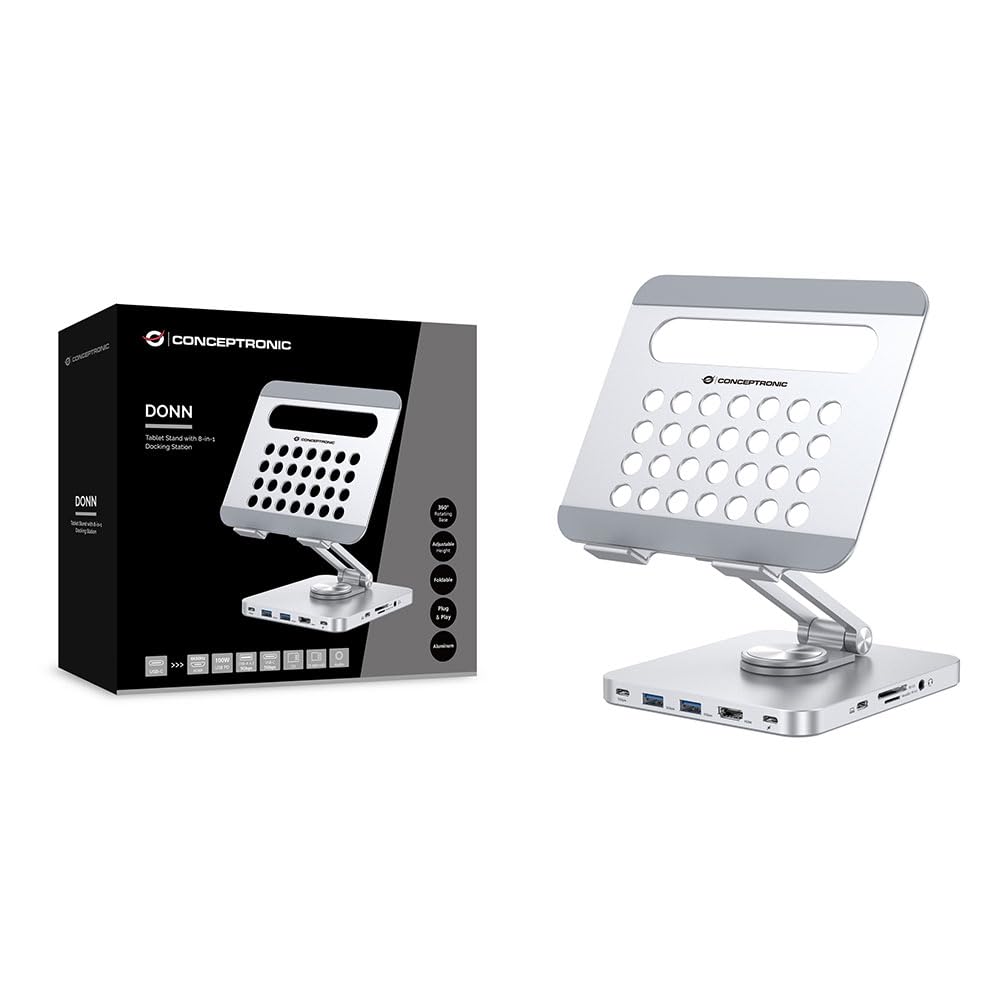 Conceptronic DONN26G Tablet-Ständer mit 8-in-1 USB 3.2 Gen 1 Dockingstation