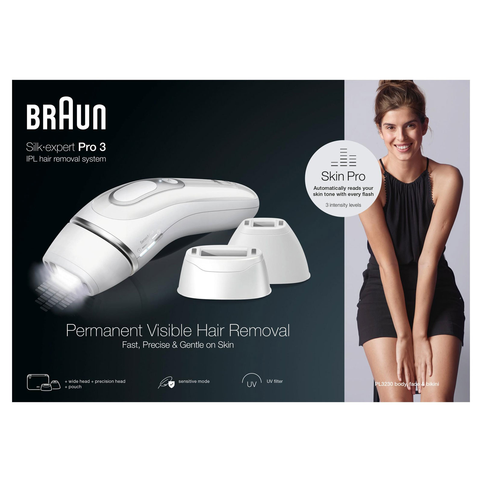 Braun IPL Haarentferner IPL Silk·expert Pro 3 PL3230 (SkinPro 2.0 (SensoAdaptTM), automatische Hautton-Anpassung, bis zu 100 Lichtimpulse pro Minute, Sensitiv-Modus, Aufbewahrungstasche, Standard-, Präzisions- und breiter Aufsatz)