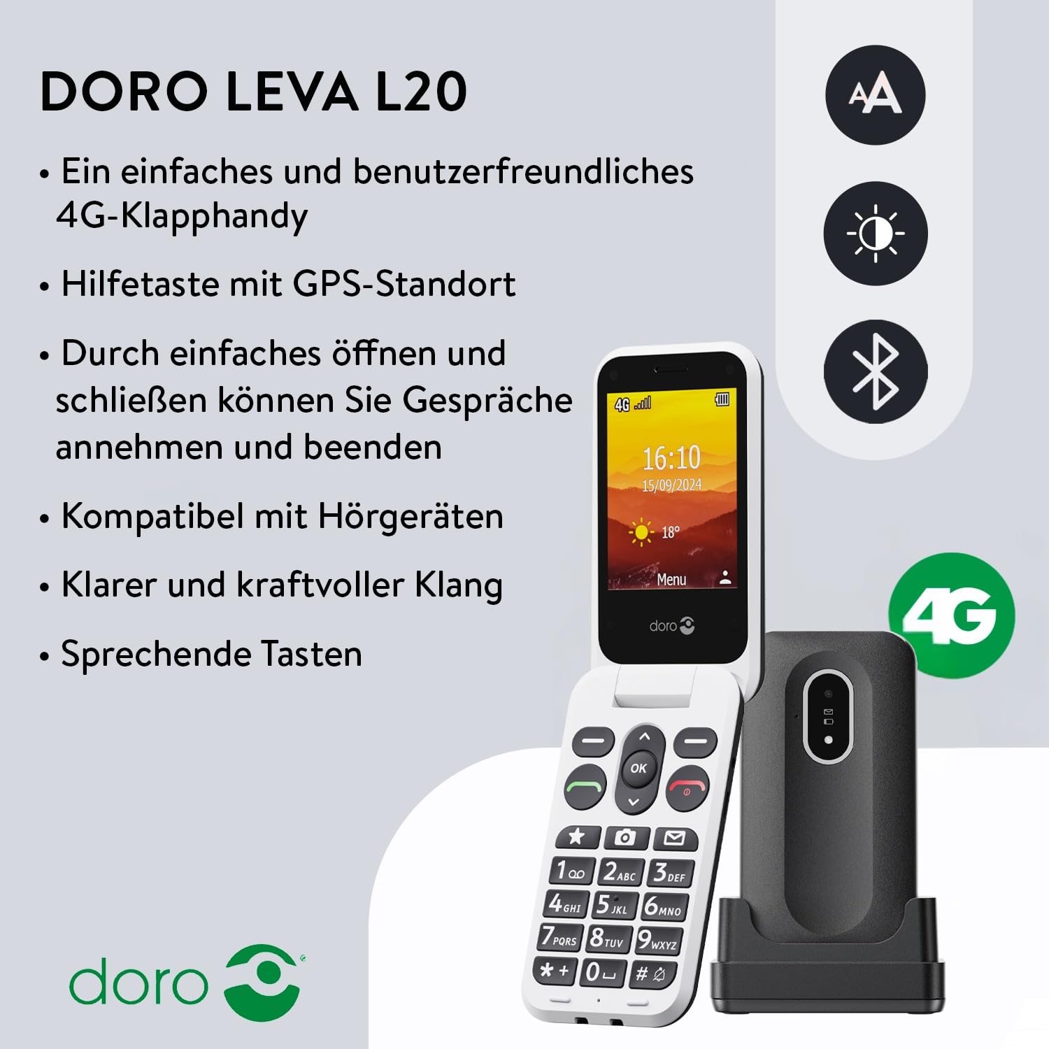 Doro Leva L20 schwarz-weiß Handy (Seniorenhandy, Klapp)