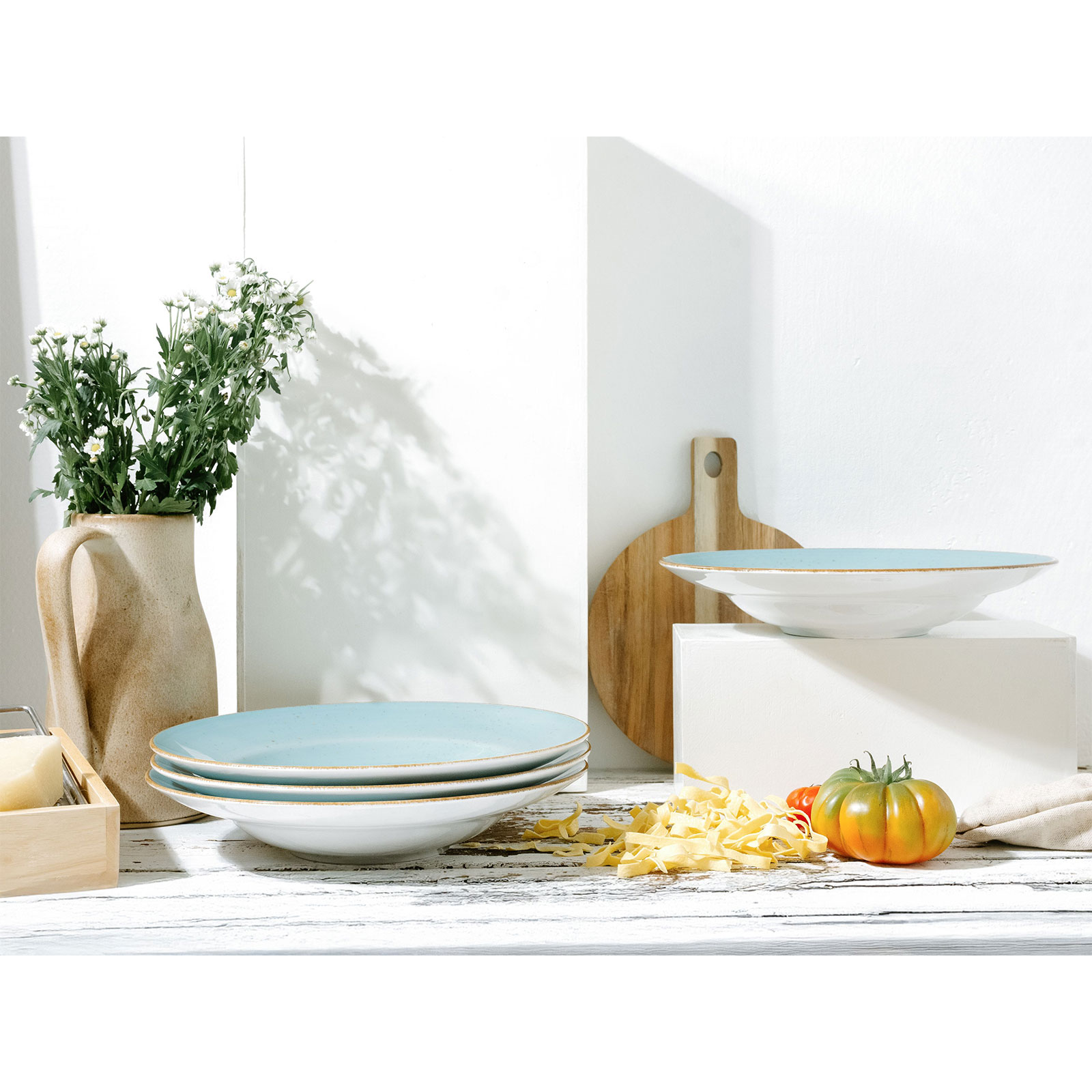 CreaTable, 34046, Serie Vintage Nature Aqua, 4-teiliges Geschirrset, Pastateller aus Porzellan, spülmaschinen- und mikrowellengeeignet, Made in Europe