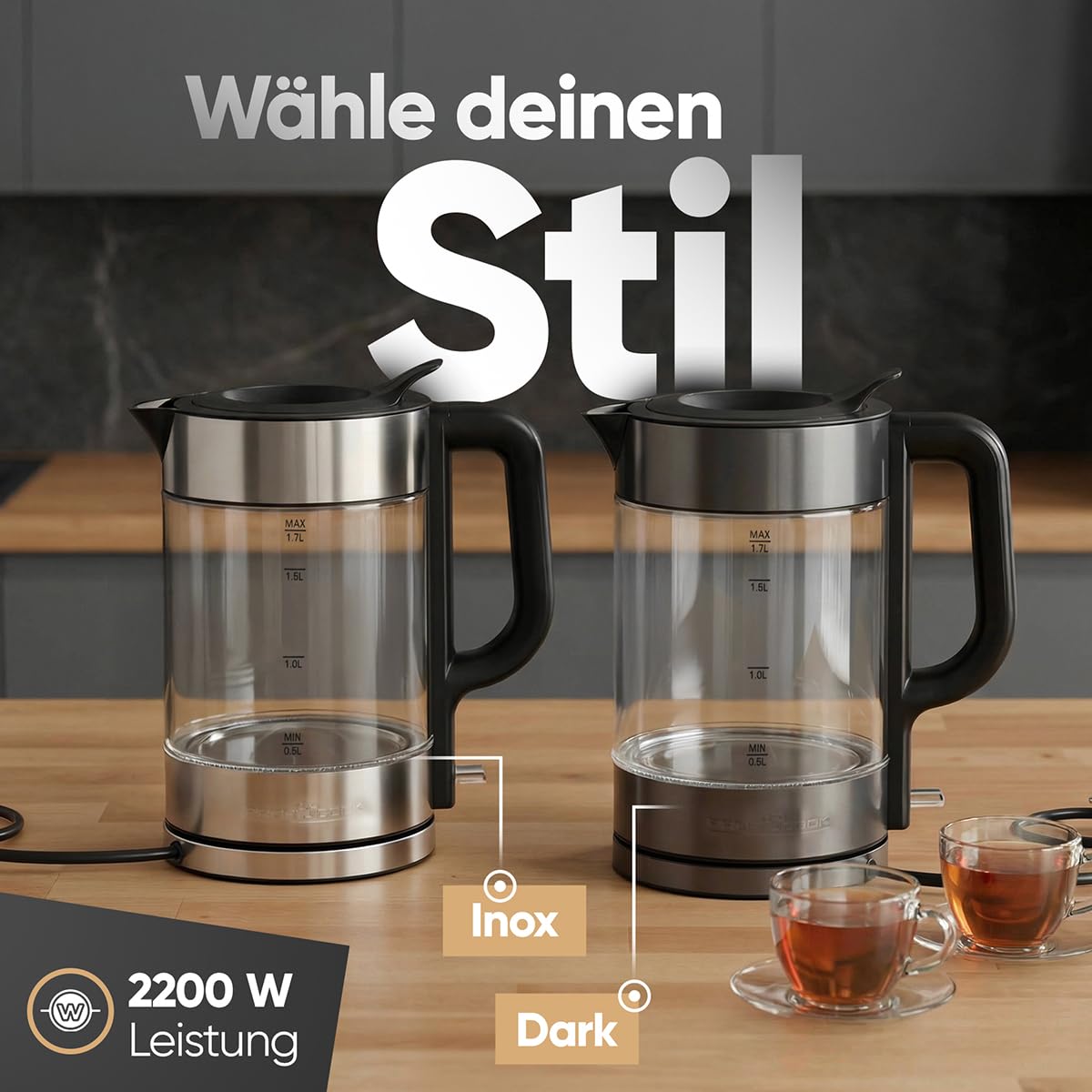 ProfiCook® Wasserkocher Glas | 1,7L | 2200W | beleuchtet | Einhandbedienung