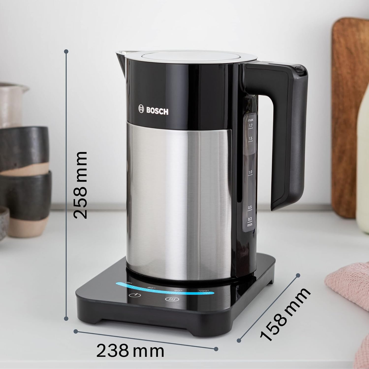 Bosch TWK7203 Wasserkocher 2200W 1,7 Liter Edelstahl/schwarz 7 Temperaturstufen